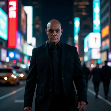 close up cinematic photograph of a bald man, dark eyes, wearing a black suit, walking along fifth avenue at night with the famous electronic billboards in the background