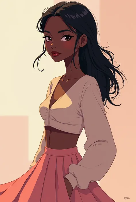 A woman of black color, style anime, She is wearing a skirt and a long sleeve T-shirt 