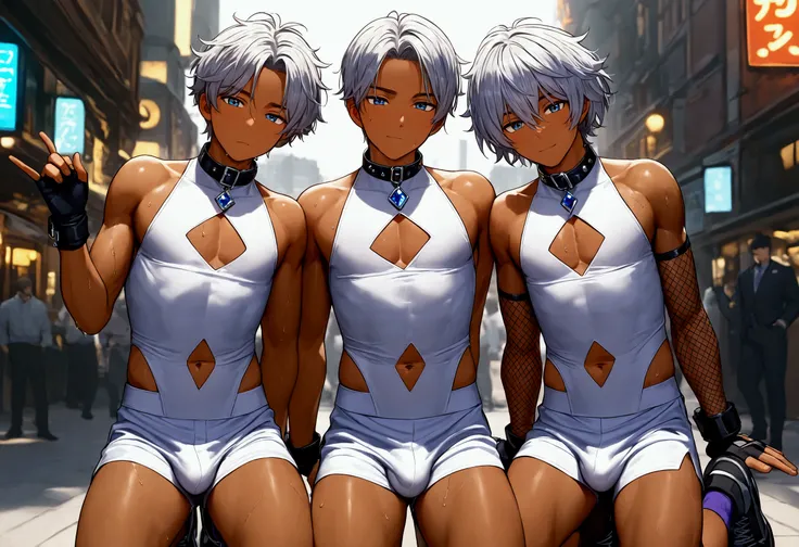 3boys, multiple boys, shine dark skin, shine skin, handsome boy, slender, rangers, group picture, symmetrical pose, arms behind, sweat, sci-fi, white sleeveless body suits, short pants, bulge, fingerless glove, fishnet arm covers, shoes, collar, navel cuto...