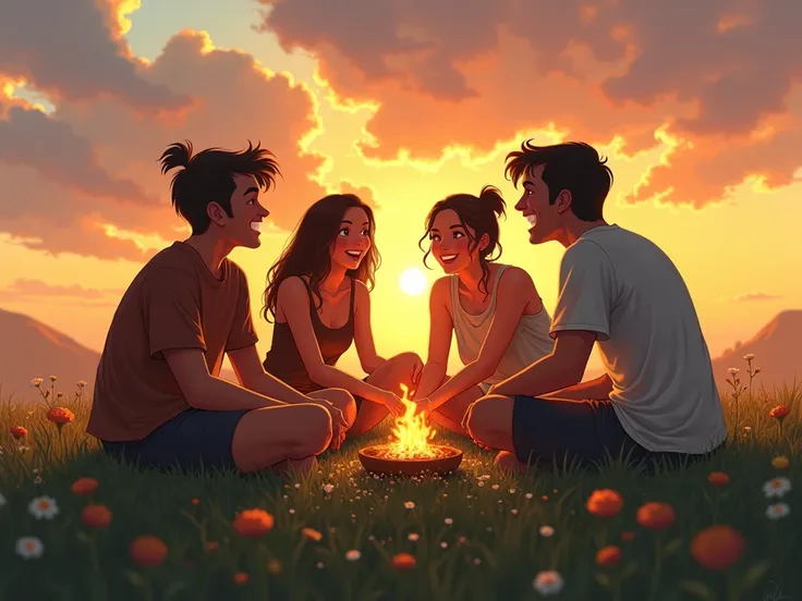 a nostalgic scene of friends sitting together on a grassy hill during sunset, laughing and cherishing memories.