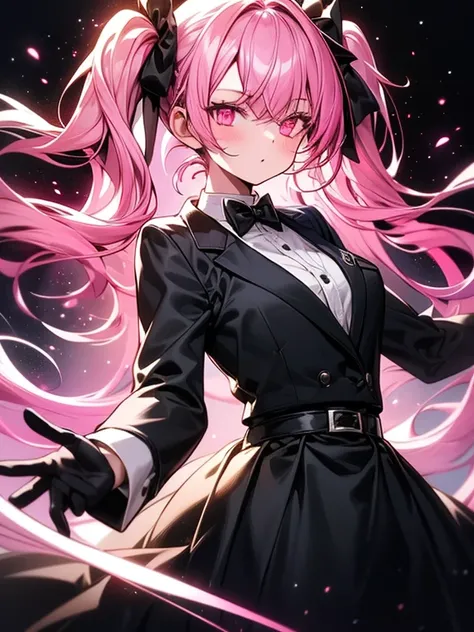 1 girl,  elegant black tux , black gloves,  pink hair, twin tails, pink eyes,  look would be ,(( soft lighting )),( Dark background with shiny particles))