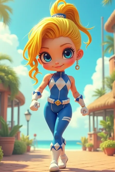 Chibi, fitnes girl, sexy, cute, smile, blue eyes, sunnny day, power rangers blue white latex clothes, ombreira, yellow hair
