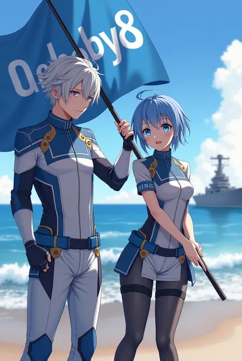 anime,3D,Realistic,a male and female elite soldier holding a flag named Joy8,the flag background color is blue,the Joy8 name color is white,the man has silver hair and blue eyes,the woman has blue hair and silver eyes,the background is on the beach and in ...