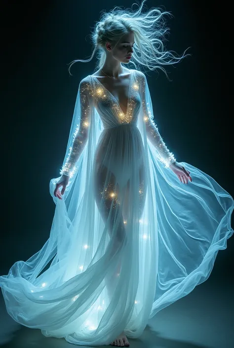 An ethereal figure adorned in flowing, translucent fabric illuminated from within by tiny glowing lights, with hair integrated into the fabric, against a dark background, creating a mystical, otherworldly being with intricate details, dynamic motion, and a...