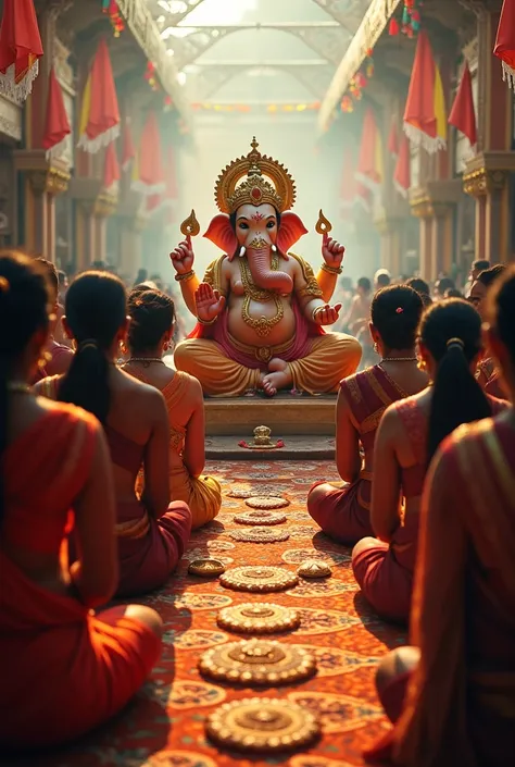 A narrator speaking over visuals of devotees worshipping Ganesha, interspersed with scenes of festivals and rituals.