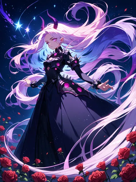 score_9, score_8_up, score_7_up, source_anime,
surreal, 
1girl, succubus, very long hair, floating hair,glowing hair,purple hues,starry night,dreamlike atmosphere,glowing edges,mystical,high contrast,ethereal light,light particles,roses, spikes