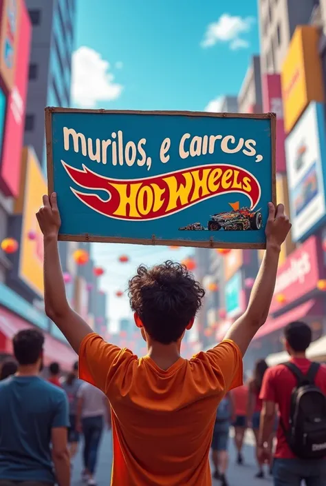 Person holding a banner written M U R I L O S, E CARROS HOT WHEELS