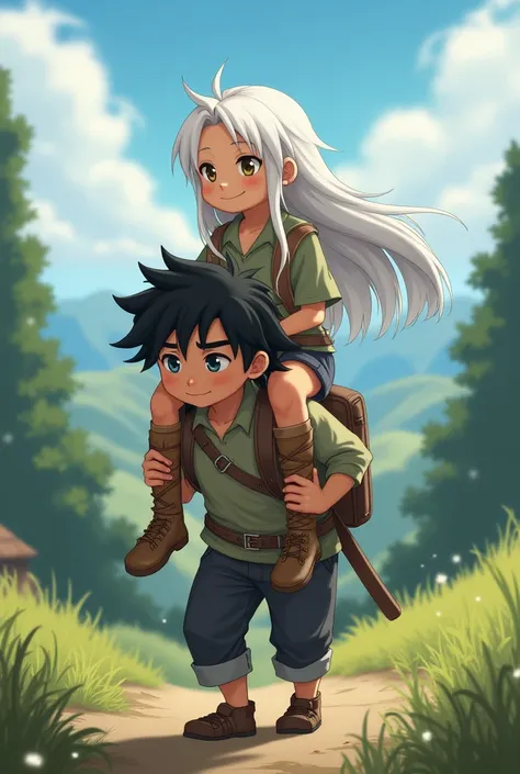 A white-haired girl on the back of a black-haired boy 