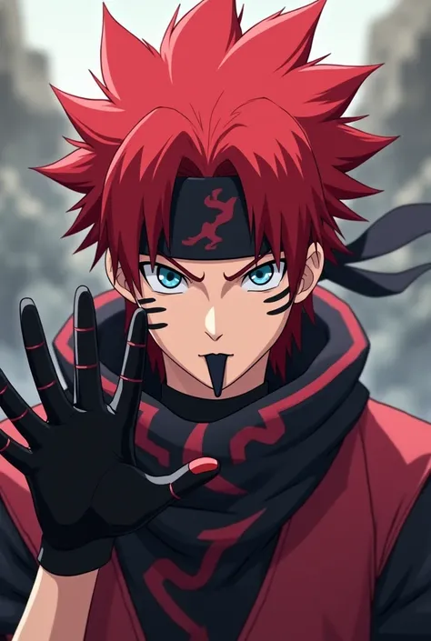 Yahiko akatsuki kuchiyose gedo mazo,realisticThe image portrays a character with a distinctive anime style. The central figure is a male with striking red hair that appears more stylized than realistic, indicative of the artistic conventions common in anim...