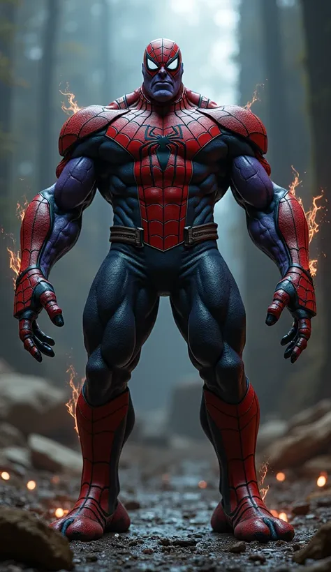 Realistic image of spiderman and thanos hybrid powerful and scary