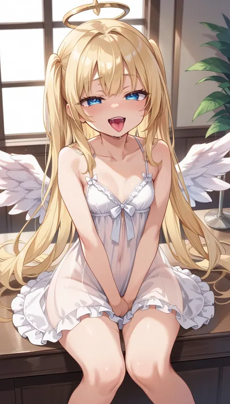 Score_9, score_8_up, 4k, 8k, detailed face, source_anime, smug angel girl with small breasts, pretty girl, thick thighs, blonde hair, long hair, angel wings, white outfit, white babydoll, see-through outfit, inside heaven, wet tongue, moaning, open mouth, ...