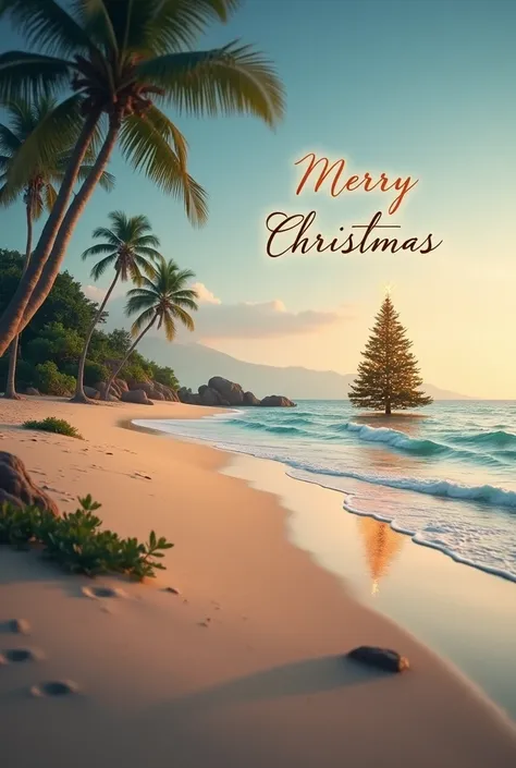 Beach background with Christmas tree seen from far away add text Merry Christmas 