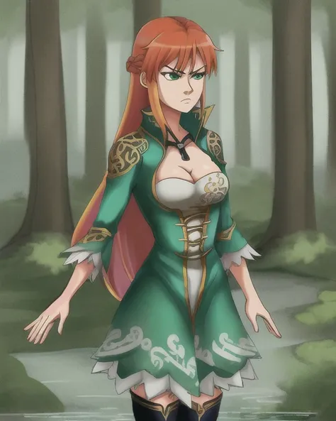 best quality, (masterpiece:1.2), illustration, absurdres, (1woman, solo), (beautiful detailed girl), long hair, (((waved hair))), orange red hair, misty green eyes, small breasts, green dress, ornate dress, cleavage, dark green dress, brown thigh boots, th...