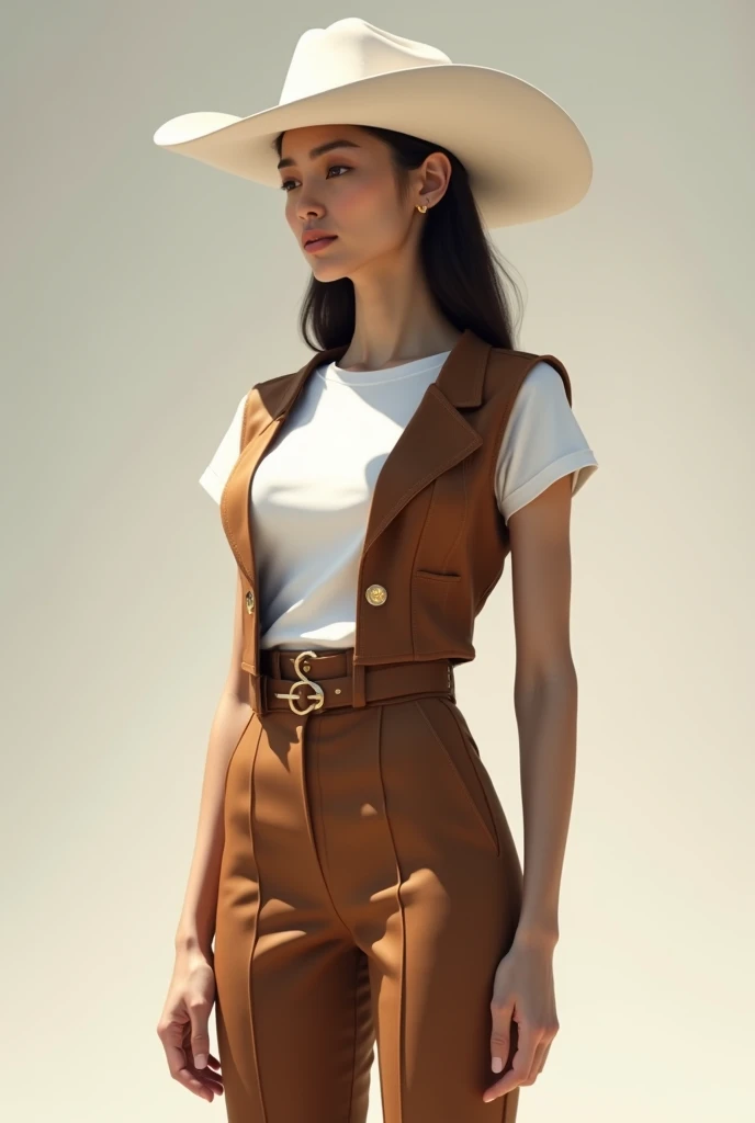  can generate an image of a tall, slender woman wearing a white cowboy hat, a thigh-length brown vest and a white t-shirt fitted to the body with short sleeves