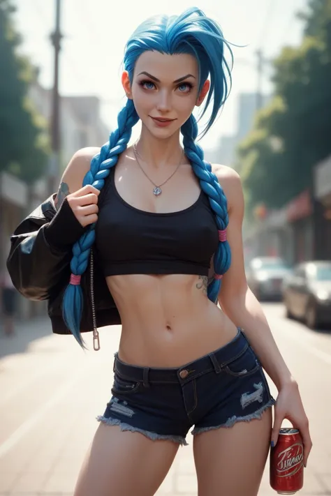 jinx with a bazooka ,  in her shorts can clearly see her swollen dick