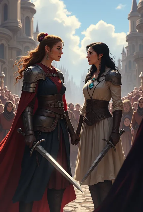  Woman with brown hair,  with sword and shield , In a commission , speaking to the people, And next to her,  a woman with dark hair and blue eyes,  holding a sword