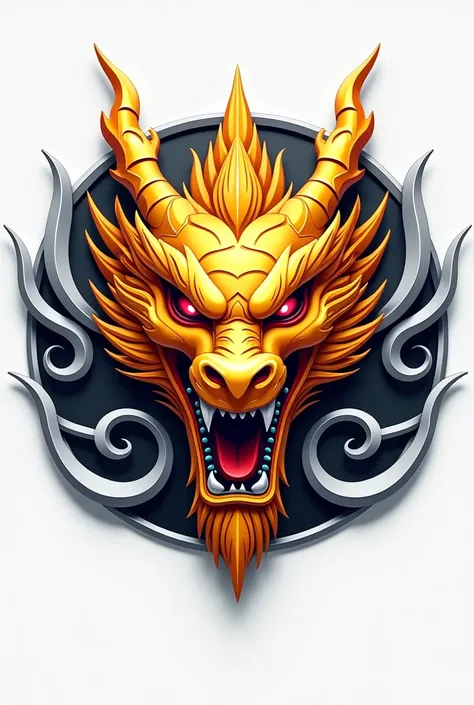 Design a logo featuring a dynamic dragon head with a modern, sleek style. The dragon’s head is rendered in bold golden tones, with fierce red accents highlighting the eyes and mouth for added intensity. Surrounding the dragon is a circular pattern of inter...