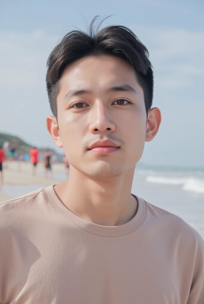 make photos of pp krit amnuaydechkorn as Indonesian man, make it half body photos with candid and casual pose in beach vacation wearing tshirt, make his face likeable but dont make him too handsome