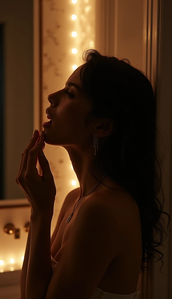  silhouette of a beautiful 20-year-old woman coming out of the luxurious bathroom with her head tilted upwards,  Open mouth, closed eyes , fingers in the mouth with an orgasm feeling, low light environment  