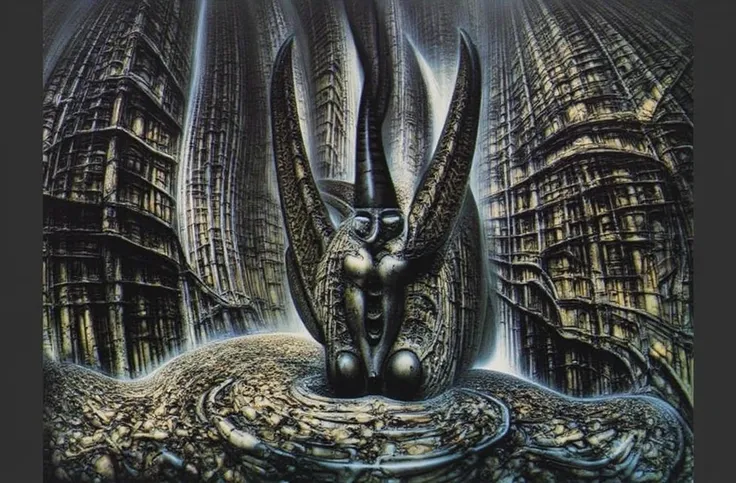 H. R. Gigers g1g3r, , The image  is a classic piece of biomechanical art by H.R. Giger. , , (Triadic:1.1), (Proportion:1.1),  , (Reflected light:1.2), Parchment, ultra detailed, intricate,, dry b (best quality:1.4), H.R. GIGER,  BY GIGER