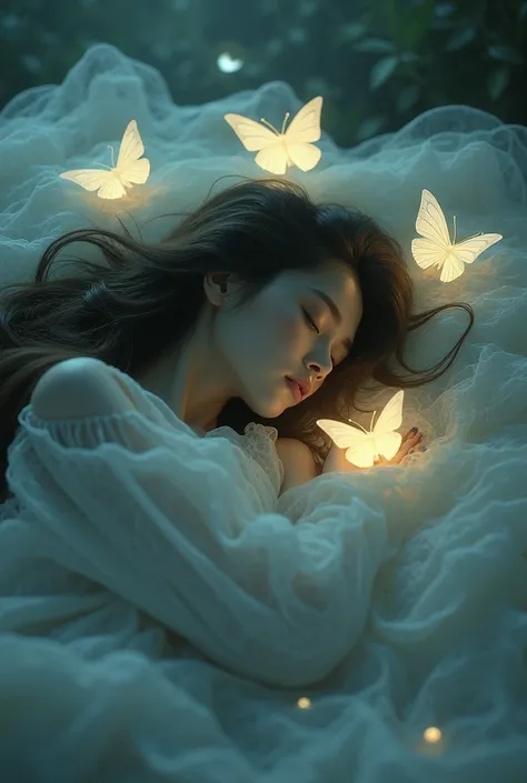 A silhouette of a sleeping woman with long, flowing hair, surrounded by glowing butterflies.