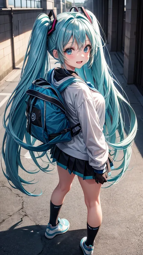  Hatsune Miku 、 girl, long sky blue hair ,  blue eyes.  viewers wearing only gray sweatshirts ,  black tennis shoes . Rosette with black makeup、 D cup
 As I walked through the school hall .  is laughing 、 elbow gloves with their hands behind their backs .