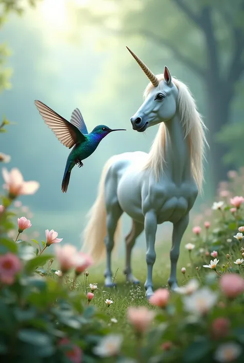 Blue hummingbird flies in front of a white winged unicorn