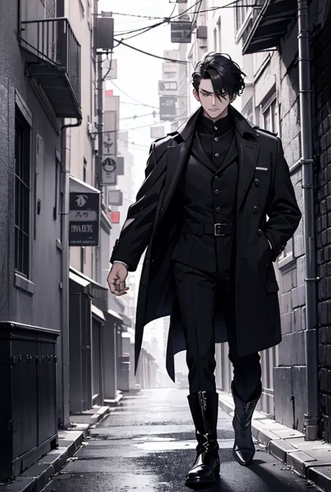 A detective stands in an alleyway over a body.. noir style. A man in a long coat, boots. He looks forward thoughtfully and angrily.. Dark-colored hair collected. he is 30 years old.