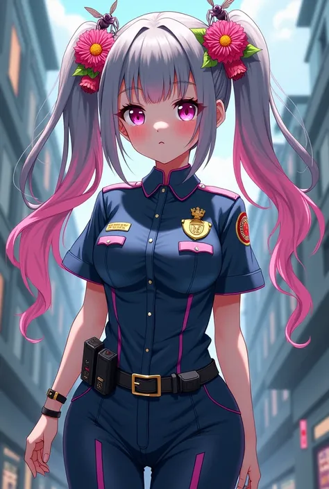  anime girl image(YuGiOh) gray-haired pink-haired with pigtails of flowers and insects wearing a police suit, anime