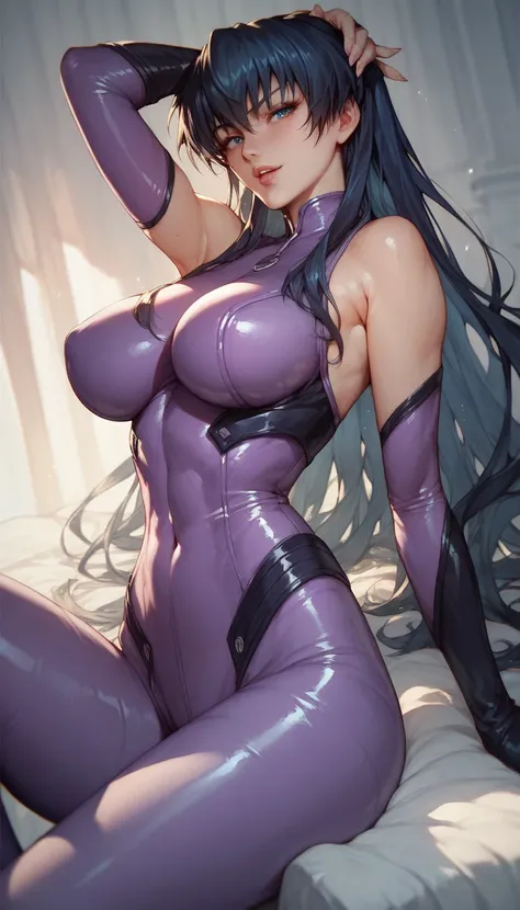 Igawa Asagi,fascinating,black long hair,large breasts,purple sleeveless body suit, bodysuit,