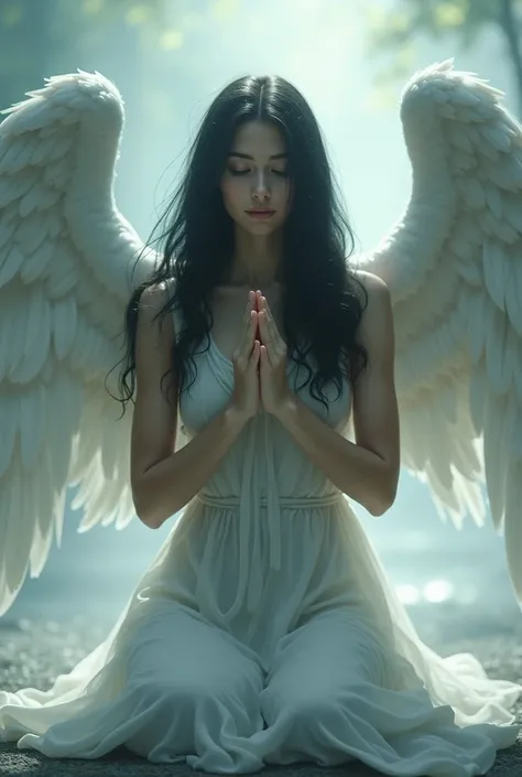  A  with long black hair, Praying with angel wings 