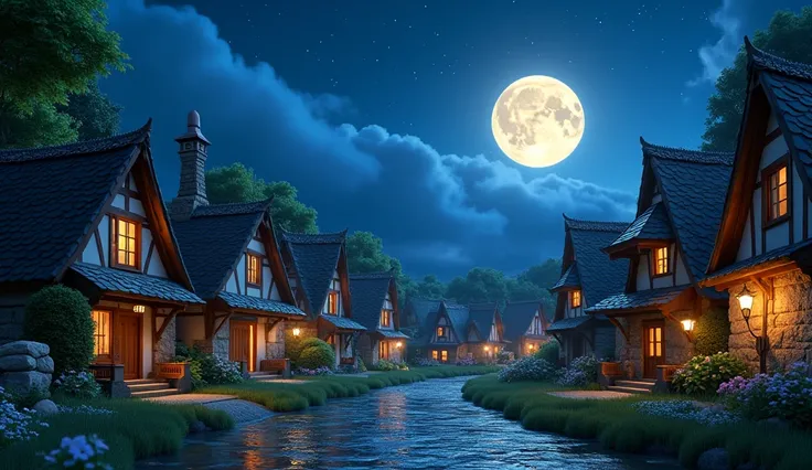 A small village in night,no people 3d pixar cartoon