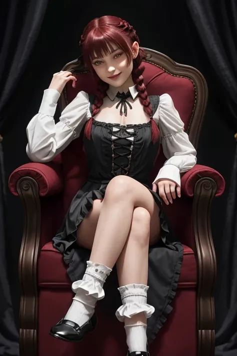 1 young girl, psychopath,  sitting in an armchair, cross-legged, ruffled socks , underneath, Solas,  with a mischievous smile , with her hands on the neckline , gothic clothes,  short and sexy clothes,  dark red hair , braids, Very mature features , dark s...