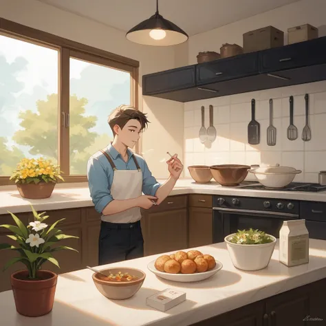  The kitchen of a 20-year-old boy .  He has suffered the death of his mother and that shows .  There is a vase with flowers in the center of the table . It has white cabinets .  And an empty cereal box next to a pack of tobacco with a single cigarette left...