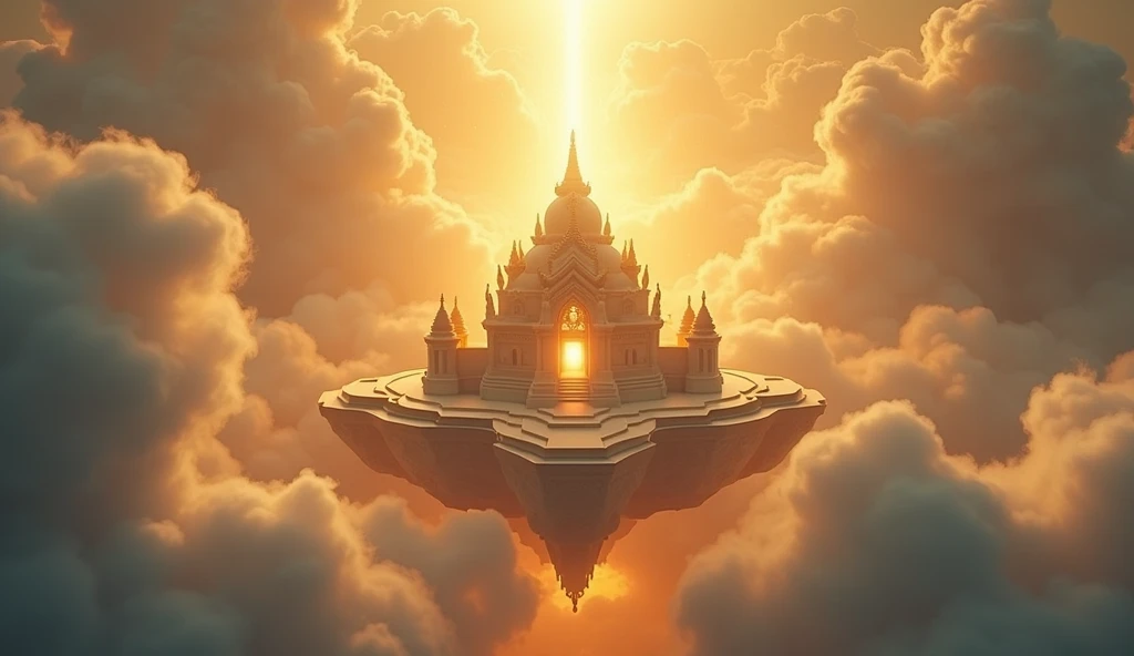  A spiritual landscape with a temple floating above clouds illuminated by rays of golden energy, representing the universal flow of the quantum field 