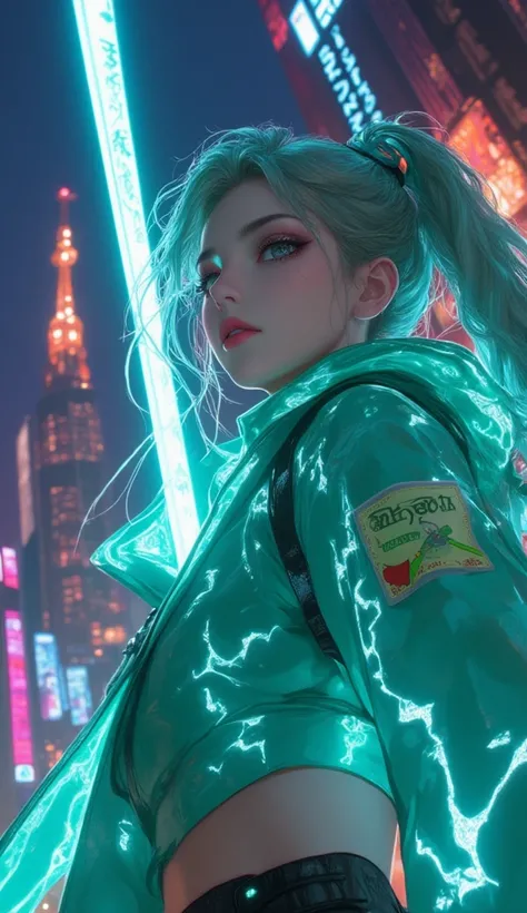 masterpiece,  top quality,  Dazzling cyberpunk cityscapes , Mint green is very eye-catching , Bold colors and patterns ,   eye-catching accessories  , Stylish and innovative hairstyles , Bright Makeup,  Dazzling cyberpunk cityscapes {x} Dazzling cyberpunk ...