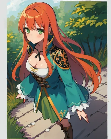 best quality, (masterpiece:1.2), illustration, absurdres,
(1girl, solo), (beautiful detailed girl), (serious:0.4), orange red hair, waved hair, long hair, misty green eyes, small breasts, 
green dress with brown sleeves, ornate dress, cleavage, brown low b...