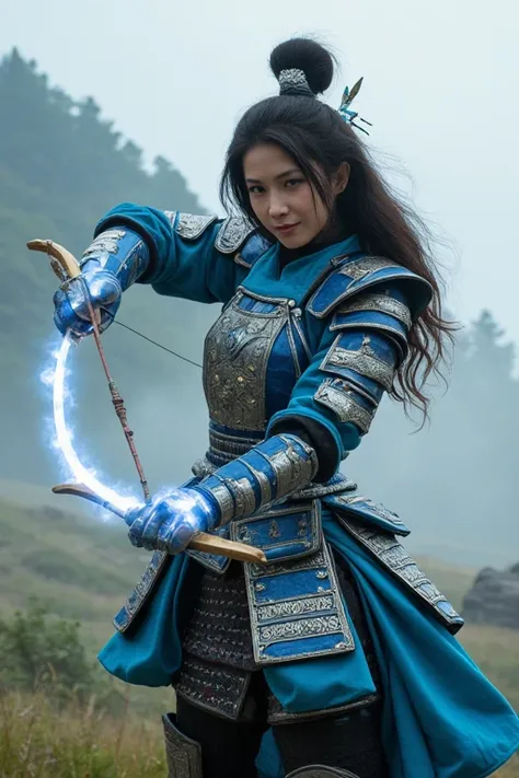 A Japanese woman in blue and silver armor ,  holding a glowing bow and aiming decisively at a target.