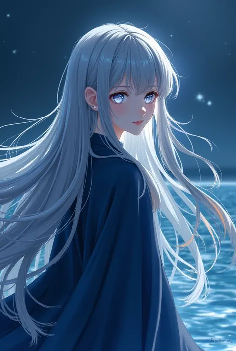 a girl with long gray-blue hair reaching her waist ,  a light golden glow at the end of her hair .  Light silver eyes sparkled with starlight in her eyes .  Her dark blue robe fluttered in the sea breeze ,  revealing pale silver eyes that looked like the w...