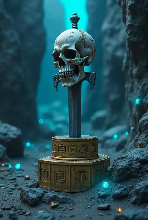 Skull with Viking runic engravings pierced by a Viking sword on a gold pedestal and neon blue gemstones rock scene engraved with Viking runes cover hunter sign