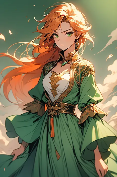 white skin、peasant、green dress with brown sleeves、small breasts、super small breasts、orange red hair、waved hair 、misty green eyes 、standing 、serious face 、mature women