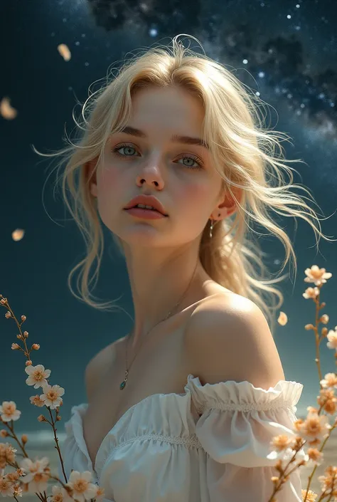 (Best quality, masterpiece), 1girl, pose, particles, wind, flower, upper body, simple background, looking at the audience, blonde, milky way, aesthetic