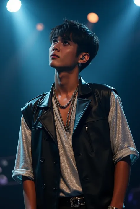 The Asian male rapper wore a black leather vest, a silver shirt underneath, and he wore a hiphop style necklace. He has side part style hair.