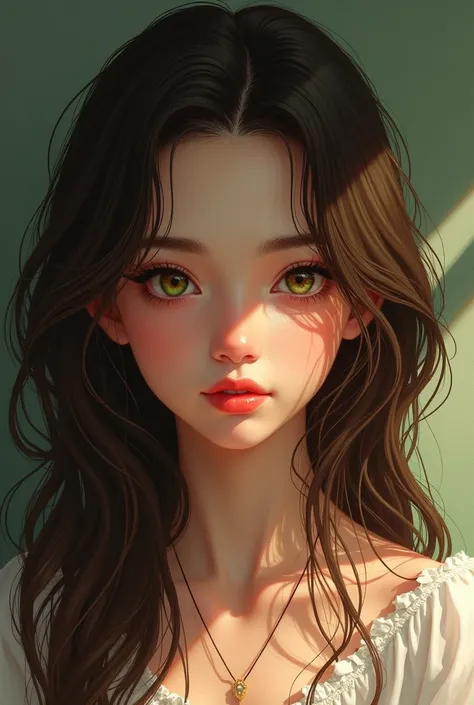  Illustration style Girl is slightly brown,  hazel eyes with green touches ,  long hair slightly wavy dark brown , lips more or less thick 