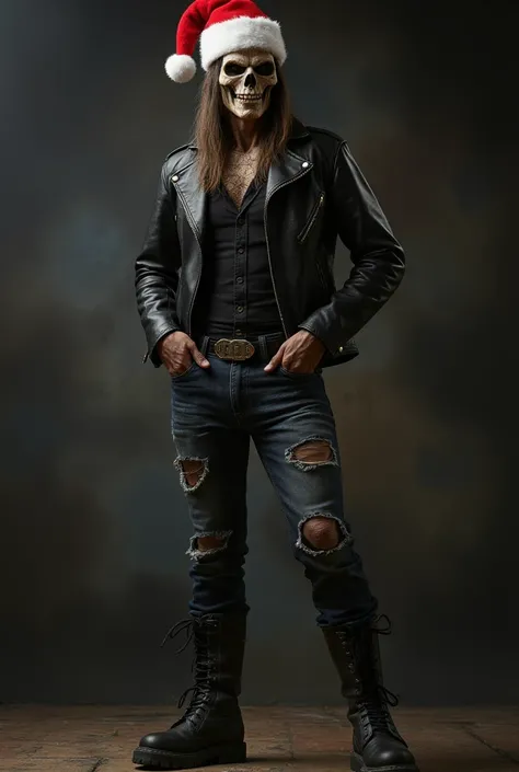 Eddie from Iron Maiden wearing Santa Claus hat with black leather jacket ripped jeans and military leather boot 