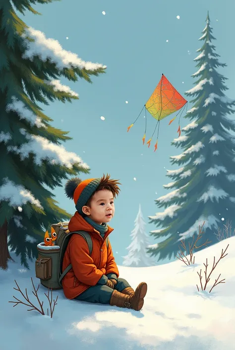  Let this boy sit next to the snowy junipers wearing a beautiful kite. Let there be a toy in the sleeve . 