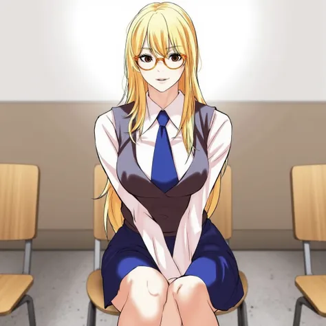 Lookism Manhwa depicting a blonde woman with long hair, wearing glasses. She is dressed in a school uniform, consisting of a white blouse, blue tie, and a blue vest and skirt. She is seated in a classroom, sitting on a chair with her legs crossed, looking ...