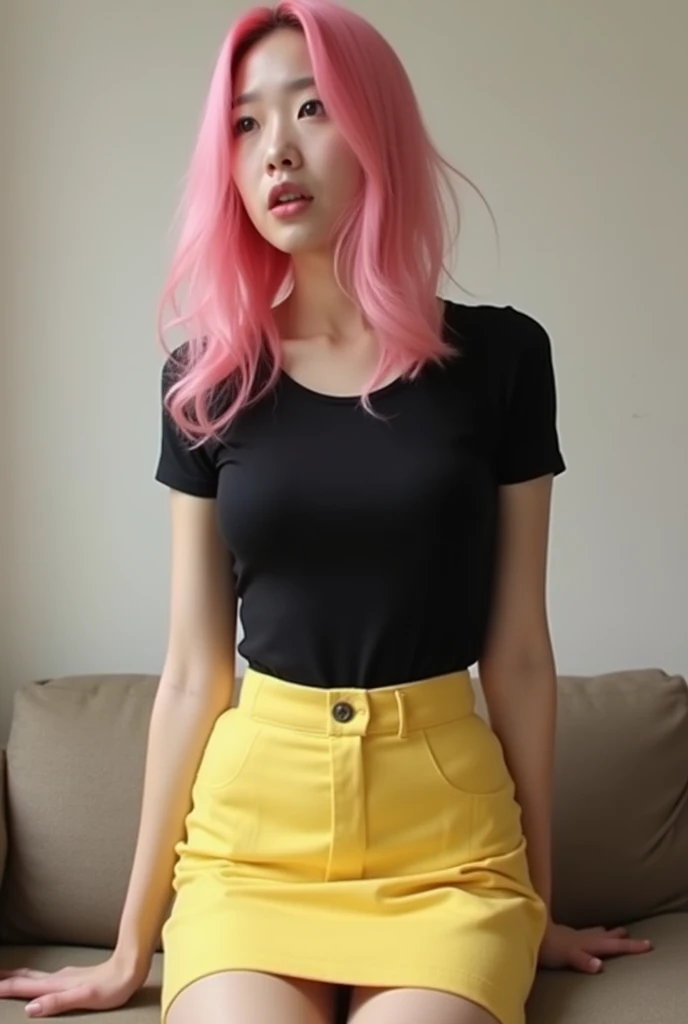 Korean girl wearing yellow skirt and black t-shirt pink hair big boobs masturbating 