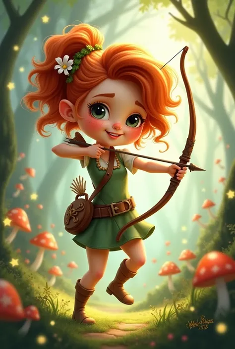 fairy archer female curly short hair freckles cute cartoon style