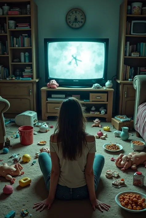  A chaotic scene of a woman in the living room watching TV,  on the floor with food and toys scattered , and babies around crying 